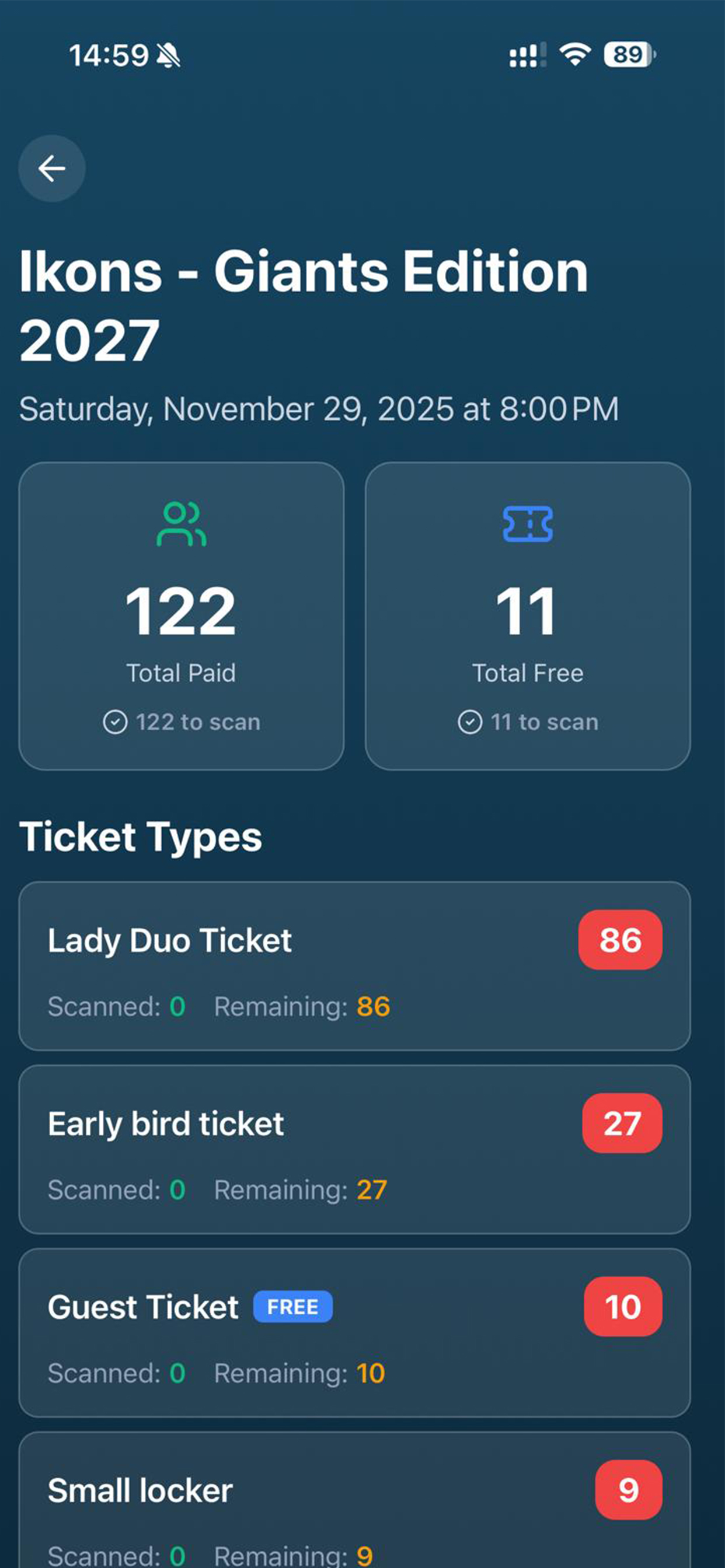 Event details with ticket types